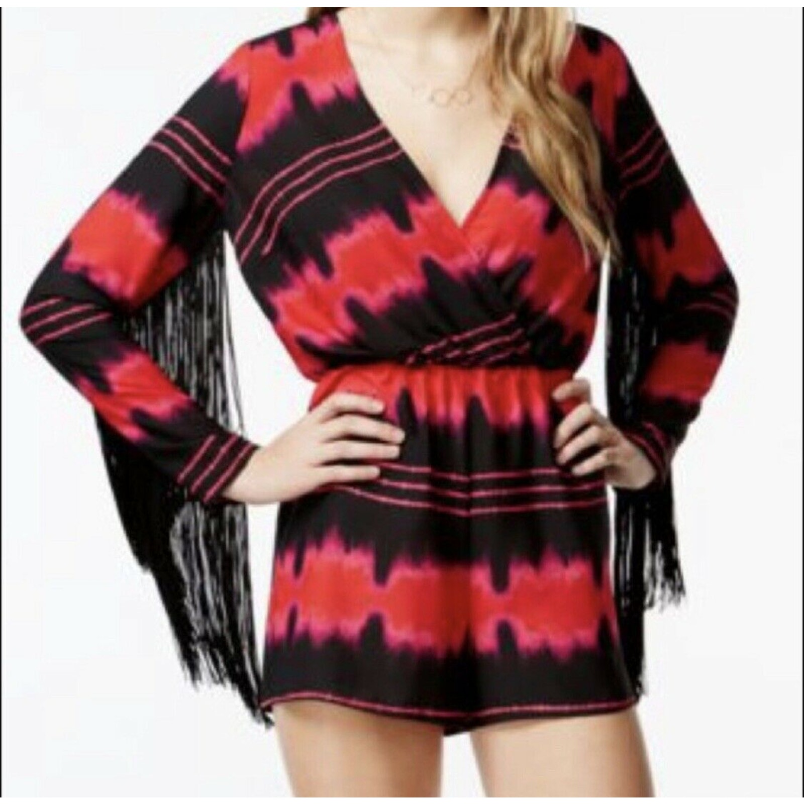 Material Girl Romper Shorties Outfit Pink Black Fringe Small Xs Extra Small.